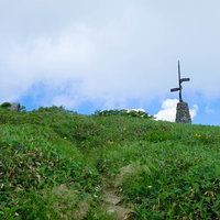 夏山の稜線を歩く登山道と道標の写真