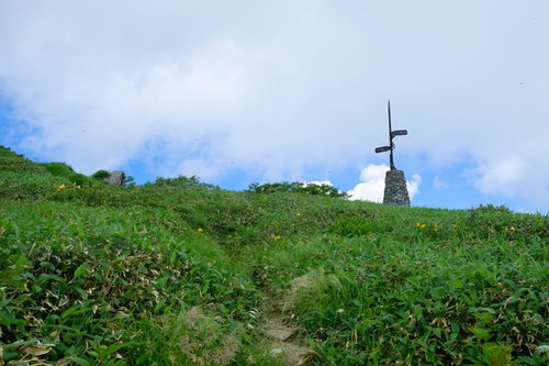 夏山の稜線を歩く登山道と道標