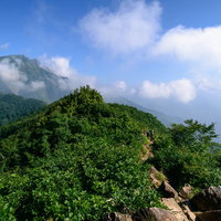 沸き立つ雲に隠れる山頂と登山道を歩む登山者の写真