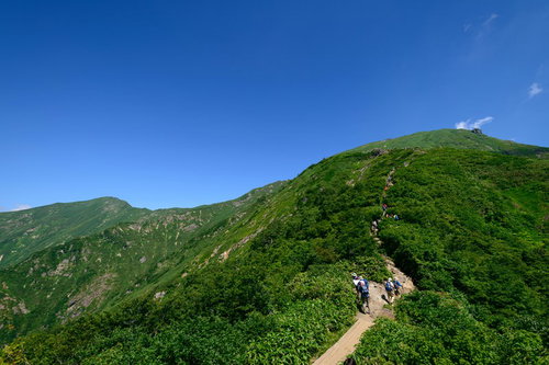快晴の青空の下、山頂へと続く登山道を歩む登山者