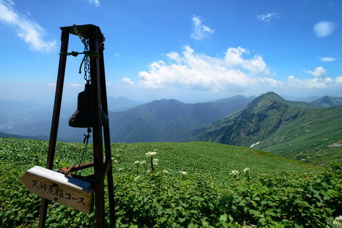 夏の高山稜線に続く登山道と道標