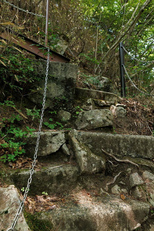 行司ヶ滝の苔むした石積み階段とチェーン手すり