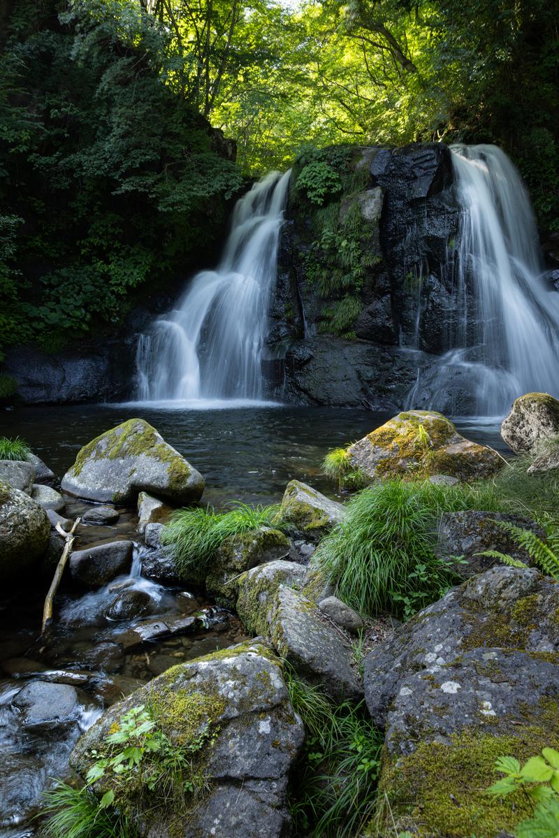 天栄村の明神滝から流れ落ちる白い水と苔むした岩が見える渓流
