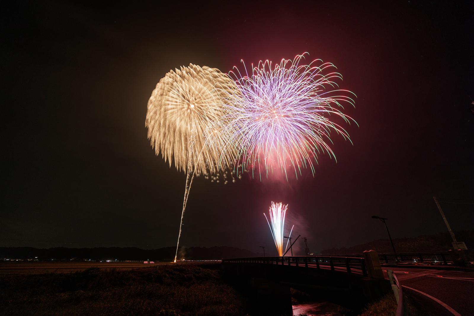 浅川町の花火大会で打ち上げられた黄白とピンク紫の花火が夜空に光る