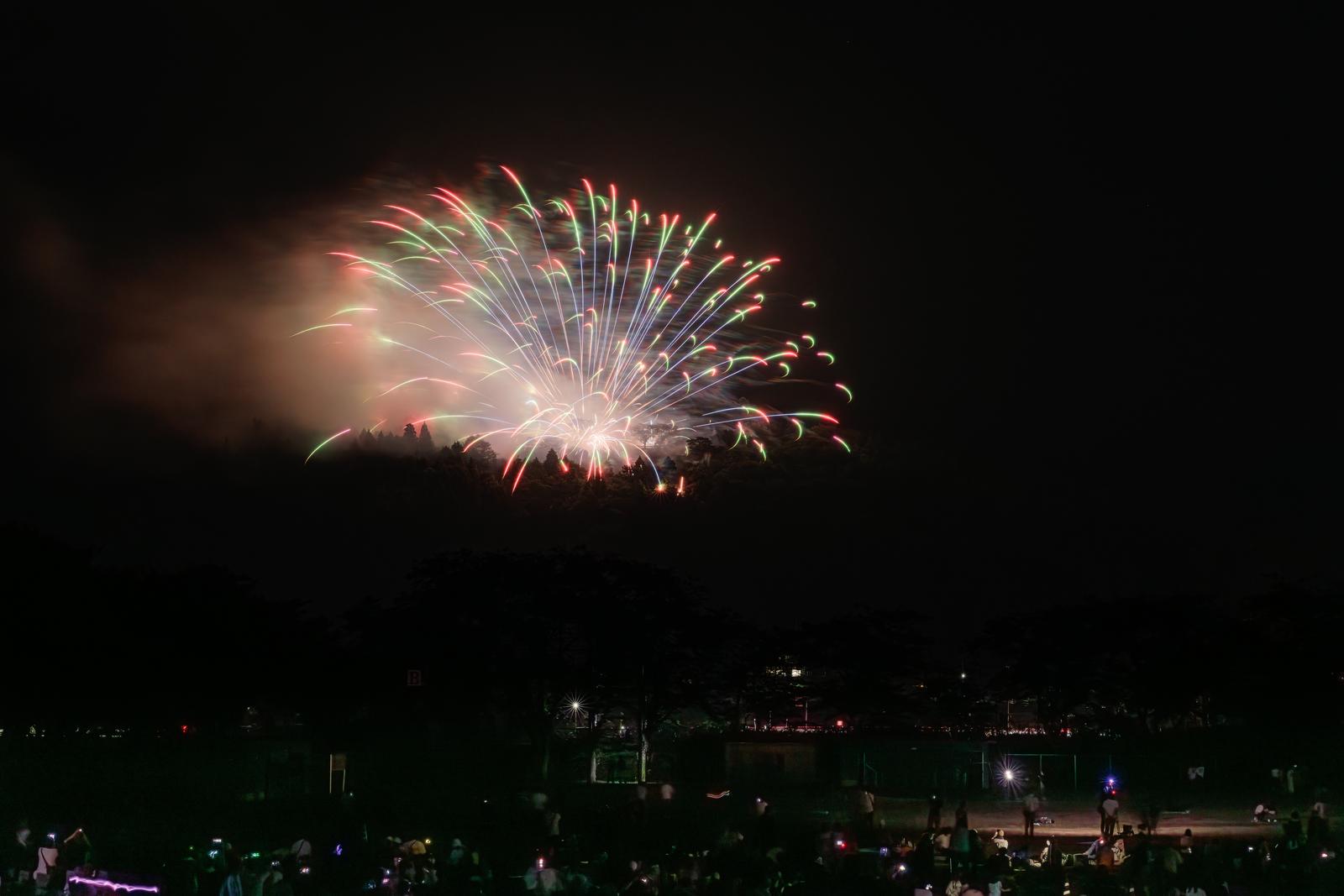 夜間の空に放射状に広がる赤と黄の光の筋、浅川の花火大会