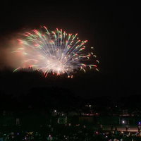 浅川の花火大会で放たれる地雷火と閃光の輝きの写真