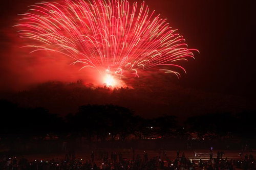 城山から撮った浅川の花火、地雷火の光跡が夜空を染める