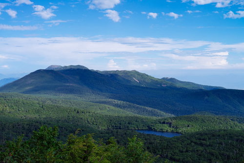 白駒の森に落ちる雲の影と青空の風景