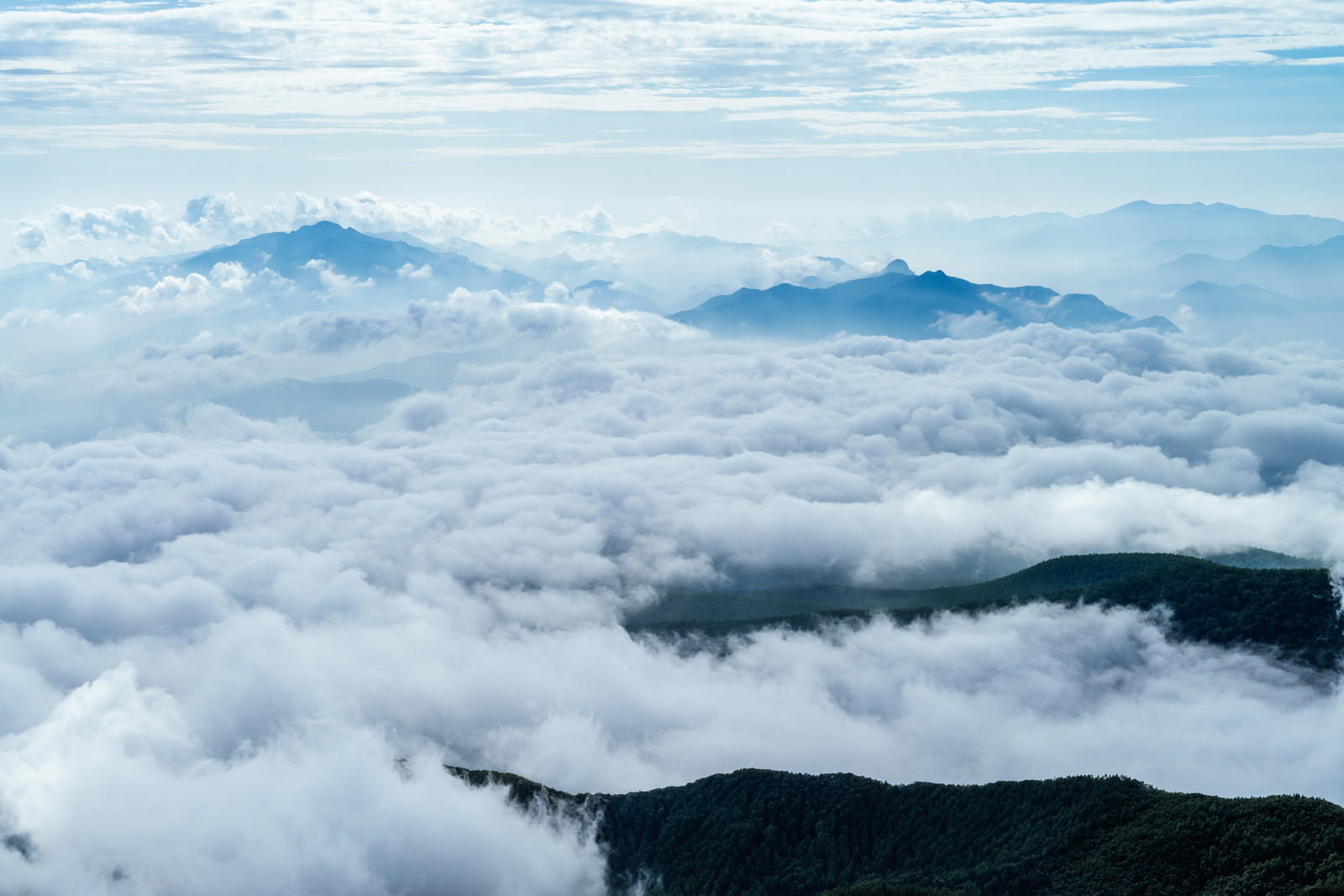 雲海の中に浮かび上がる山々の稜線と青空