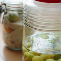 保存瓶に漬けこまれた青梅と角砂糖の梅酒仕込みの写真