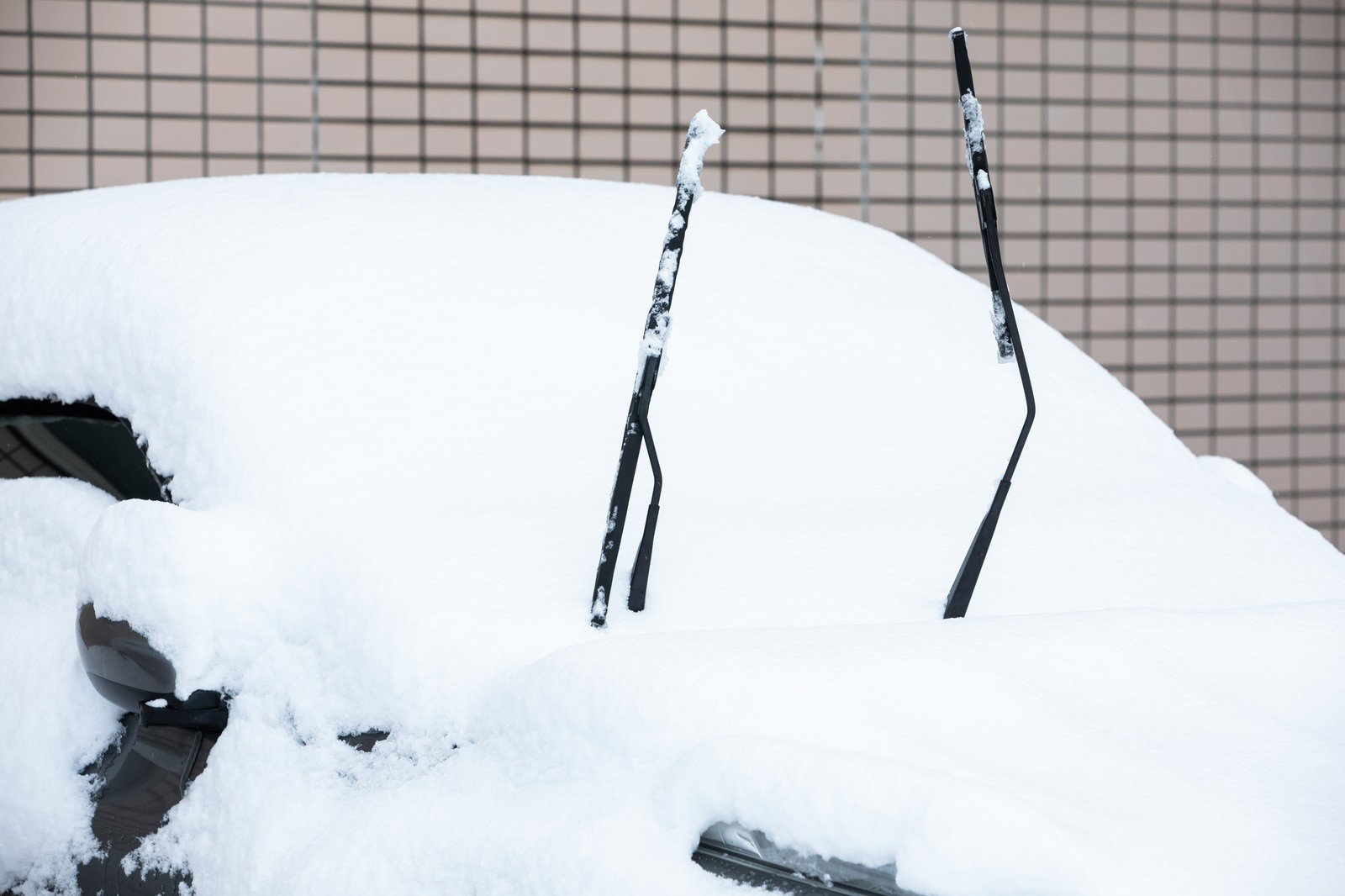 大雪に埋もれた車から突き出したワイパーブレード