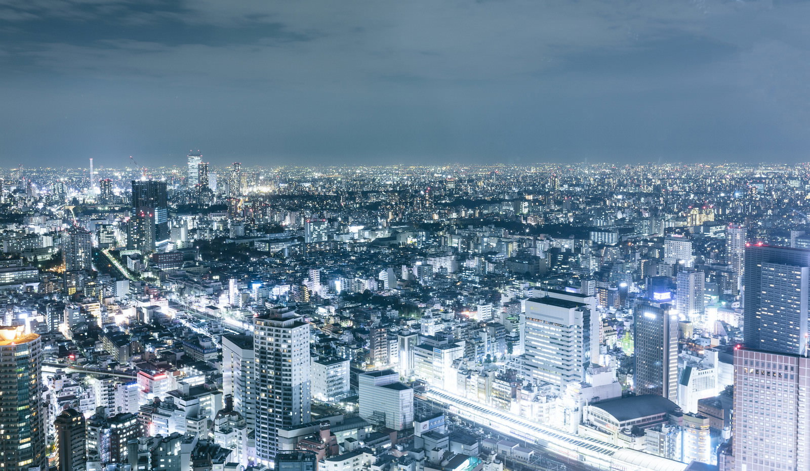 東京の夜景を俯瞰。ビルの明かりが遠くまで続く