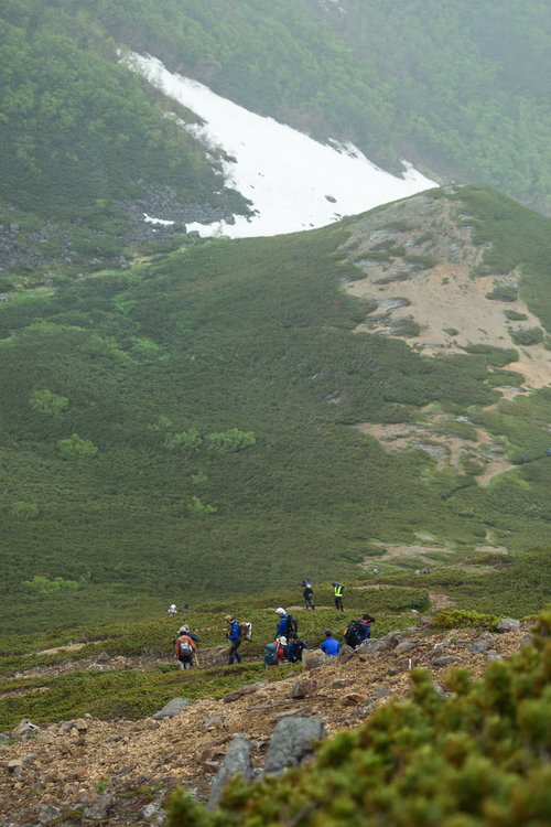 乗鞍新登山道の傾斜を下山する登山者の列と登山道の整備状況