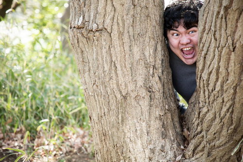 進捗まだですかぁ～？木の陰から覗く不審な男性の恐怖表情