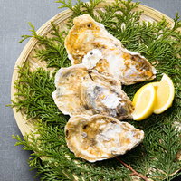 檜葉を敷いたザルに盛られた殻付きの恵比須牡蠣の写真