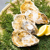 ヒノキ葉に盛り付けた殻付きの恵比須牡蠣3個とレモンの写真