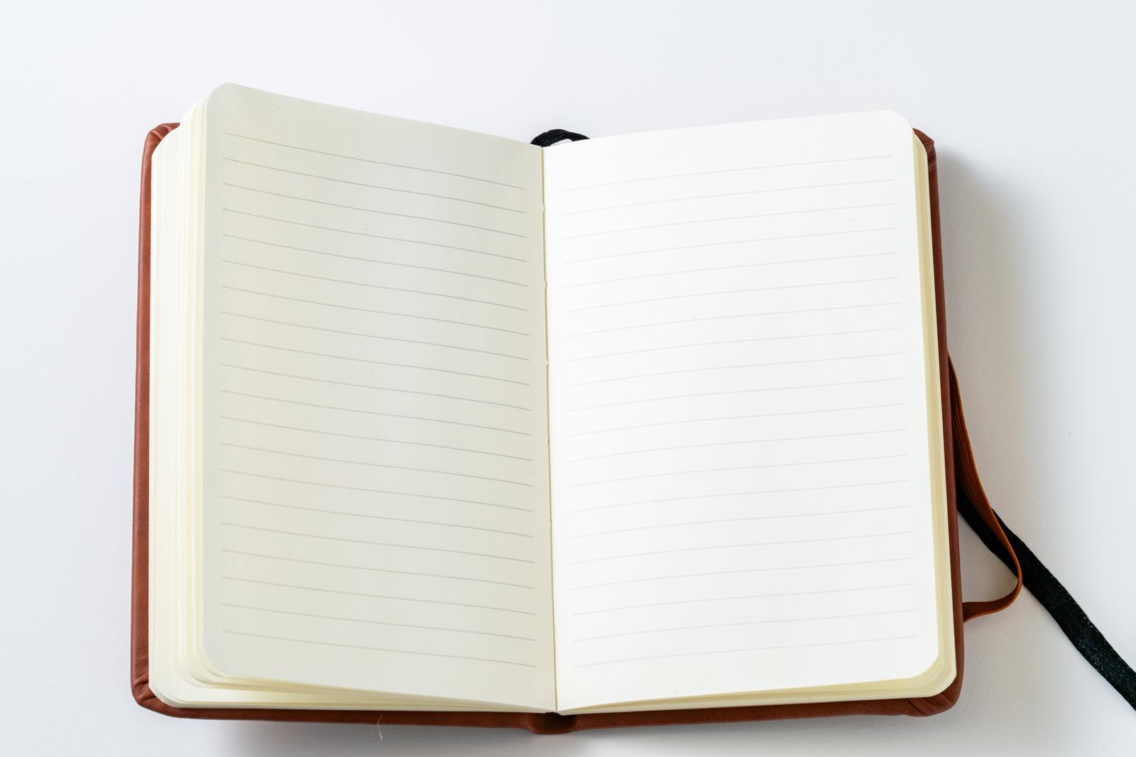 Open leather-bound notebook with lined left page and blank right page