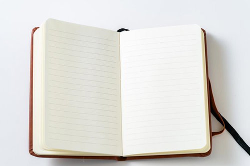 茶色のレザーカバーで開かれた罫線入り手帳