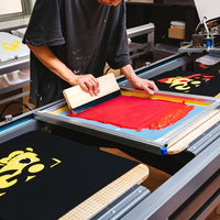 シルク印刷でTシャツに黒いインキを着色する職人の作業の写真