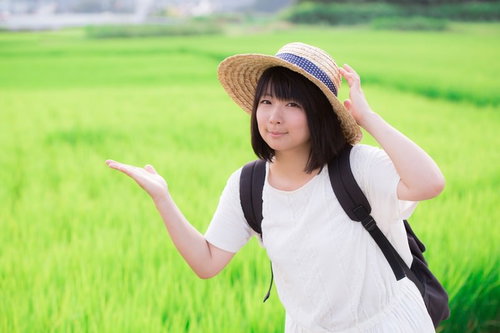 田舎の緑の田んぼと麦わら帽をかぶった女性の夏の風景
