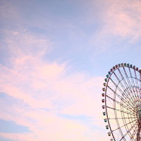 夕焼け空に映える観覧車 - テーマパークの夜景の写真