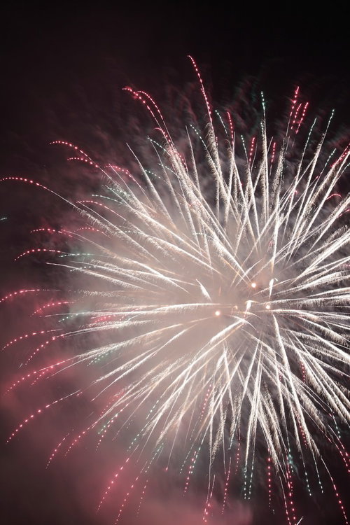 夏の風物詩といえば花火、ピンクと白の打ち上げ花火