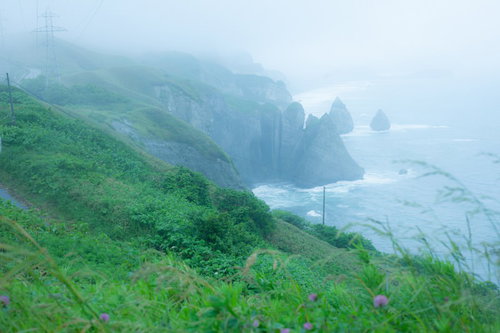 崖のある海と高圧電線、大自然の中の人工物