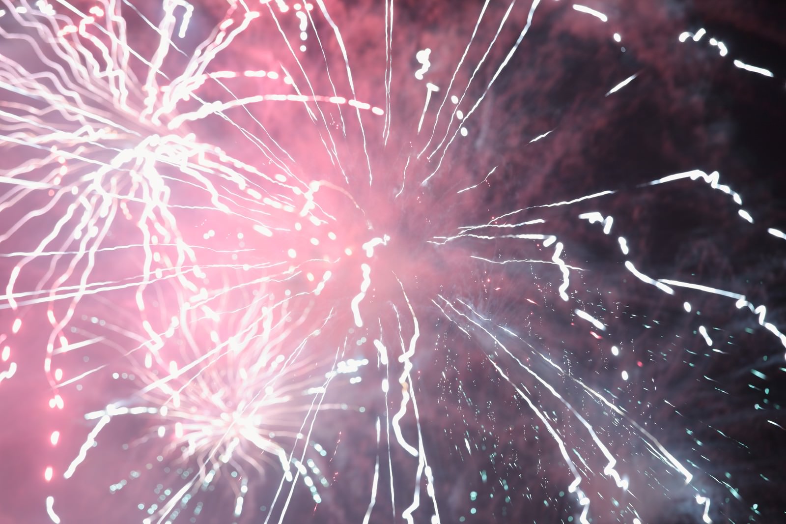ピンク色に光る花火が夜空で放射状に広がり、白い光が輝く