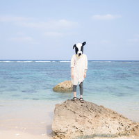 エト牛のぬいぐるみをかぶって宮古島の海と砂浜で両手を広げる人物の写真
