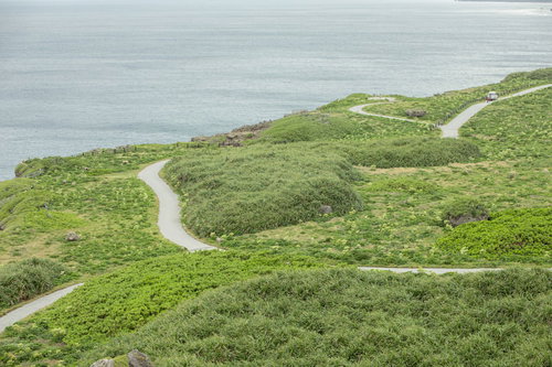 宮古島の東平安名崎岬を蛇行する緑の遊歩道