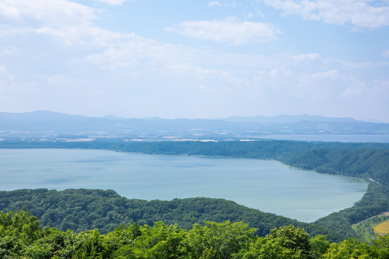 高台から見下ろした網走湖と周囲の緑の森