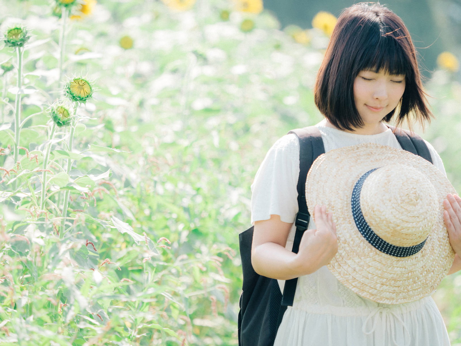 ひまわり畑で麦わら帽を持つ女性［モデル：にゃるる］