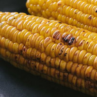 フライパンで黄金色に焼いたとうもろこしの粒の写真