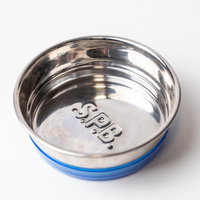 青い滑り止め付きのペット用ステンレスボウルの写真