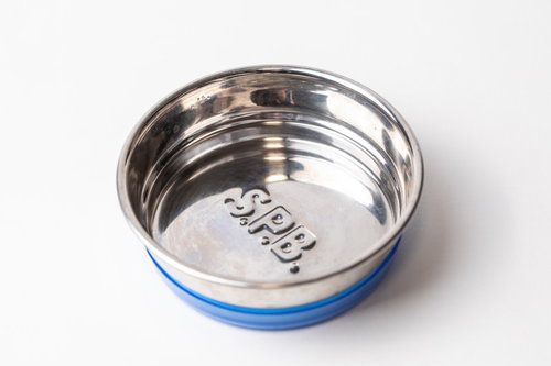 青い滑り止め付きのペット用ステンレスボウル