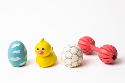 カラフルなペット用のおもちゃを白背景に並べてみました