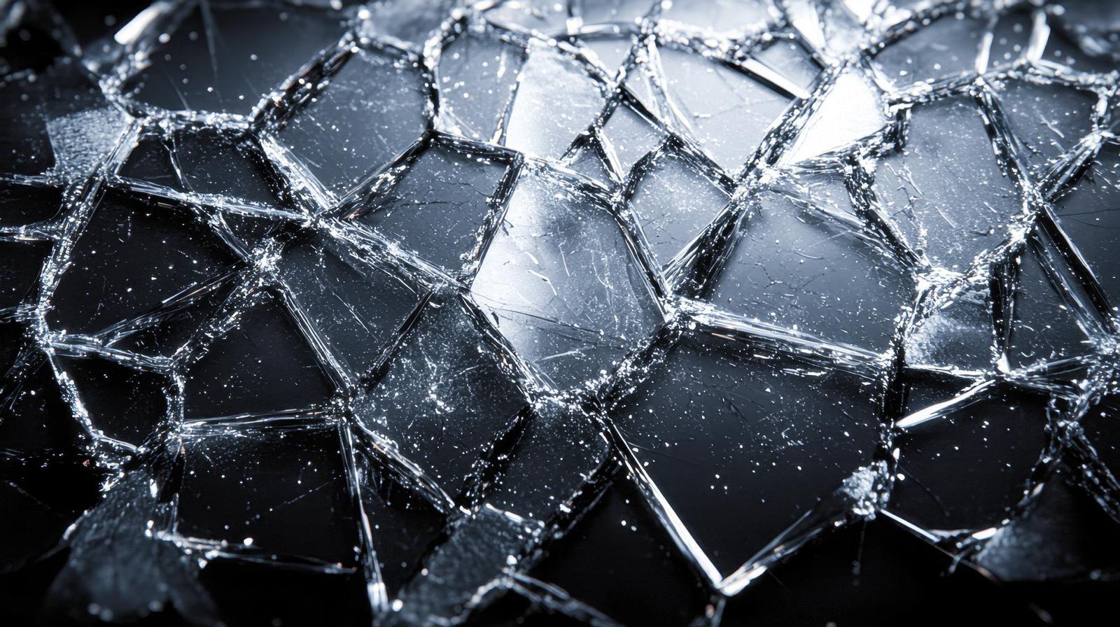 黒い背景にひび割れた透明なガラス片が散乱し、光が反射して輝く