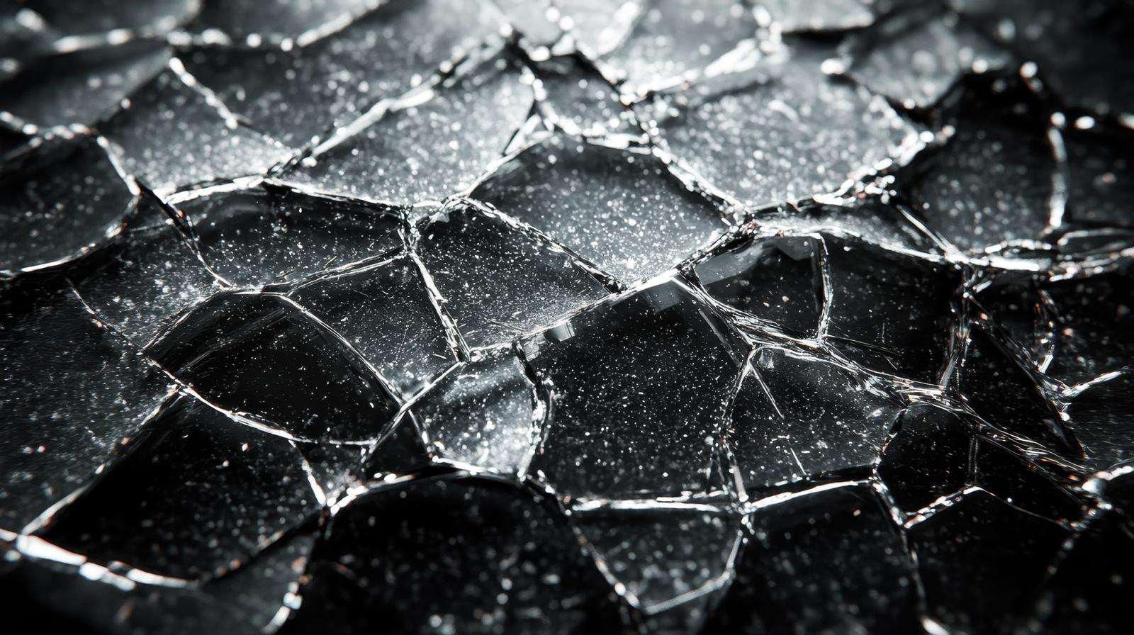 割れたガラスの破片が光で輝く幾何学模様のAI生成画像