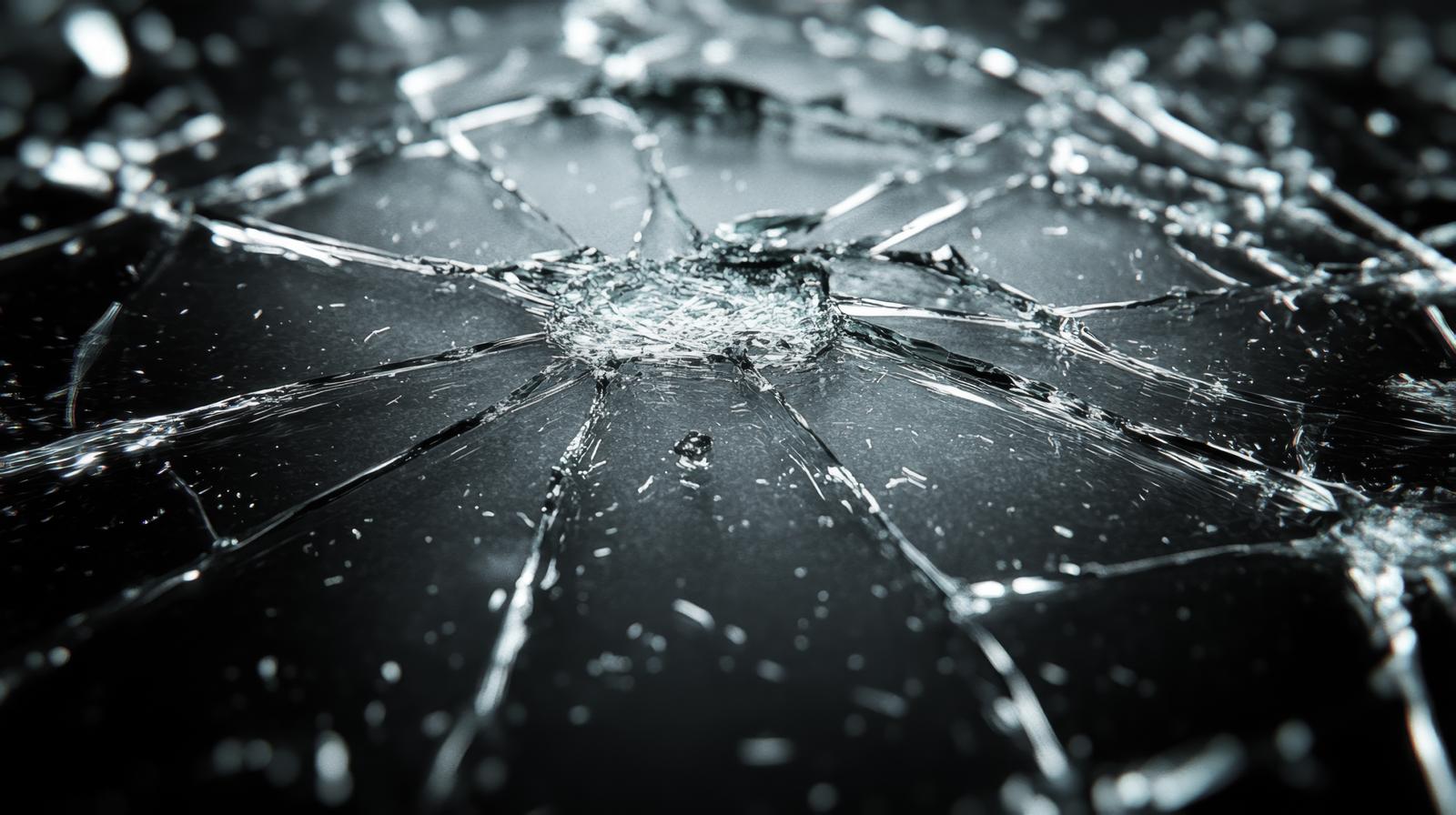 黒いガラスの中央から放射状に広がるひび割れとクラック