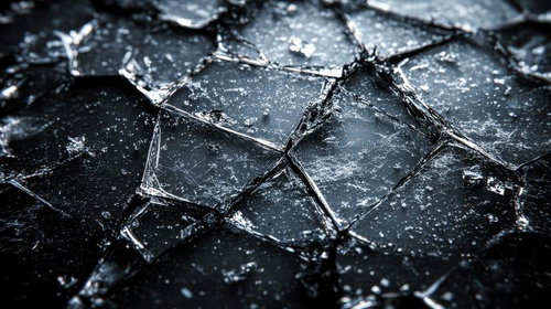 ひび割れたガラスに光が映り込む亀裂と影のテクスチャー背景