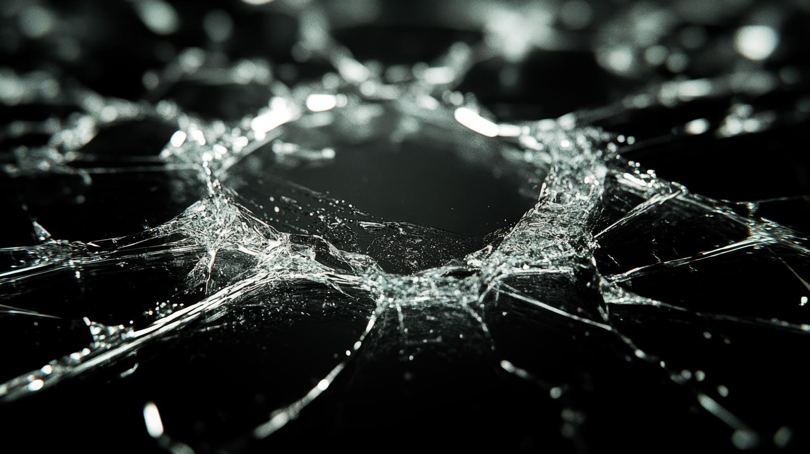 黒い背景に広がる割れたガラスのひびと亀裂のマクロ撮影風画像