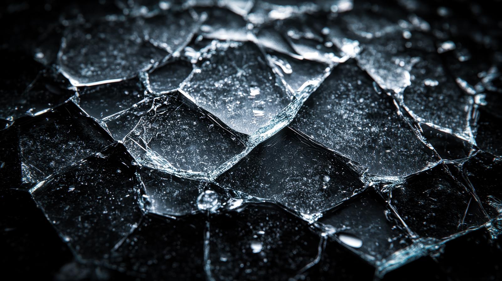 暗闇の中で割れたガラスのクローズアップ