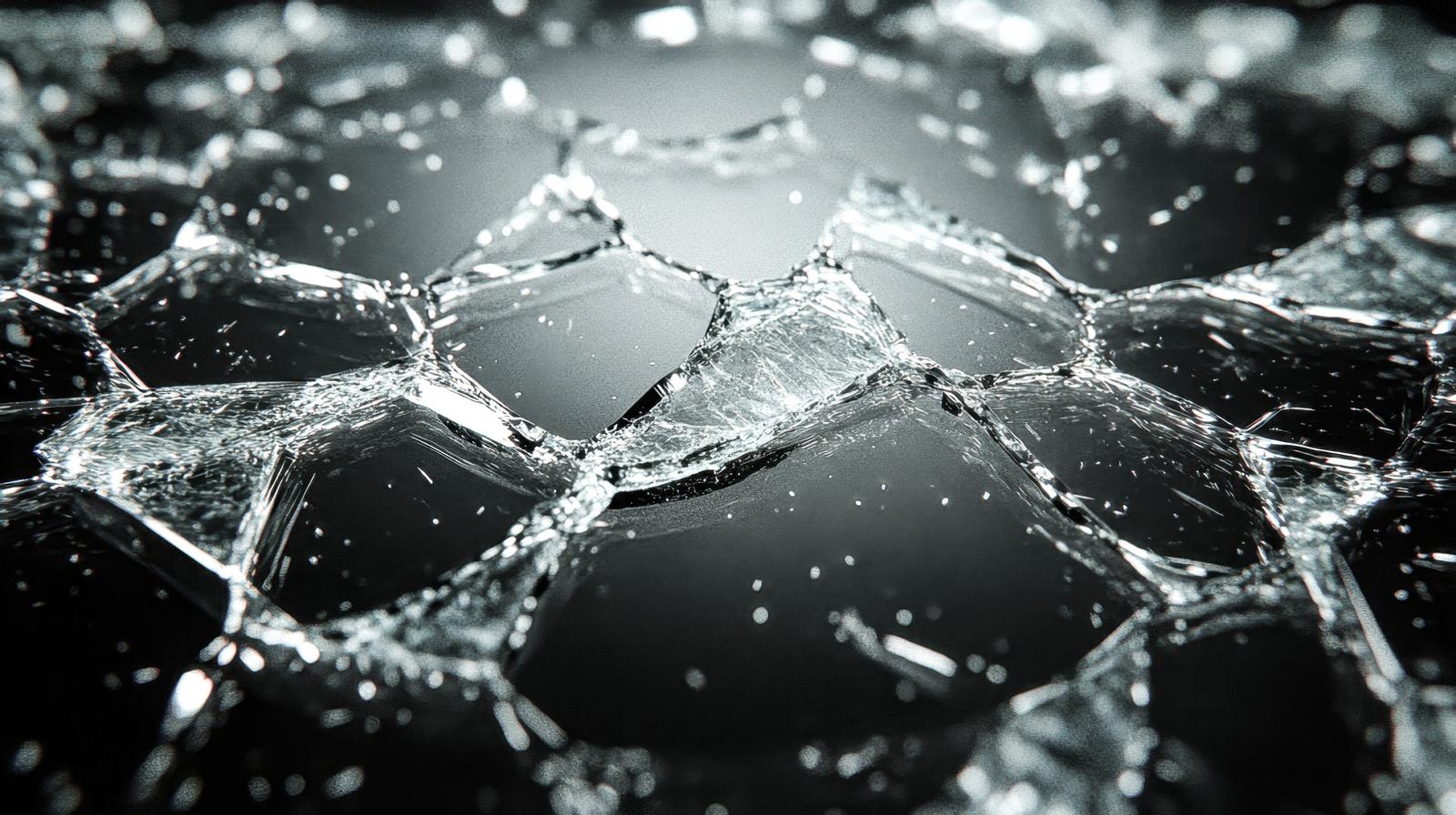 ひび割れたガラス破片が光に反射して輝く様子
