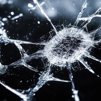 放射状にのびる冷たく鋭いひび割れ、割れたガラスの写真