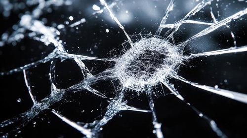放射状にのびる冷たく鋭いひび割れ、割れたガラス