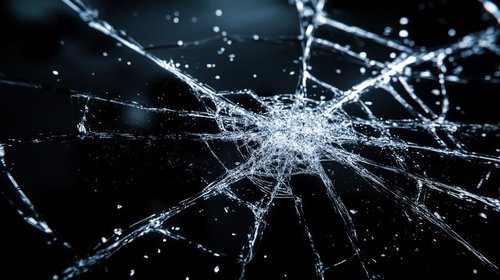 放射状に広がる氷の亀裂と光の粒子、破損のテクスチャ