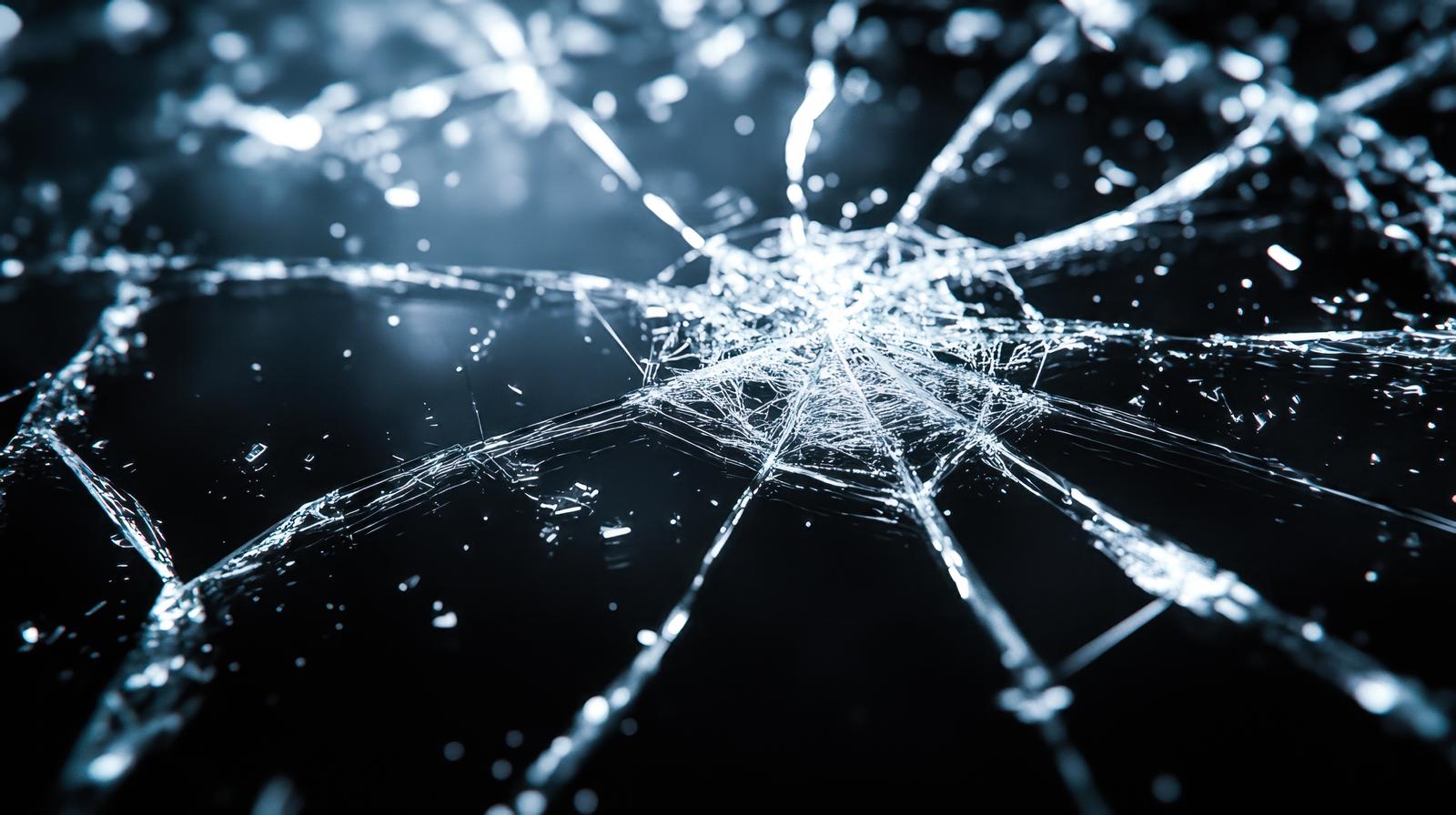 白く凍結した亀裂が放射状に広がり光を反射するクローズアップ画像