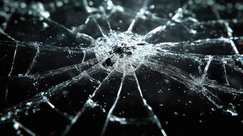 放射状に広がるひび割れの破壊美、割れたガラス