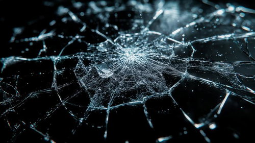 蜘蛛の巣のように割れた氷の結晶：放射状に広がる亀裂のクローズアップ