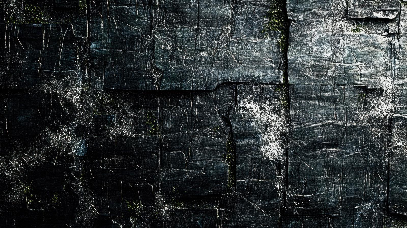 暗い色調の苔生した石壁のテクスチャー、ひび割れと白い光が特徴